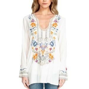 Johnny Was White Blouse with Multicolor Embroidery